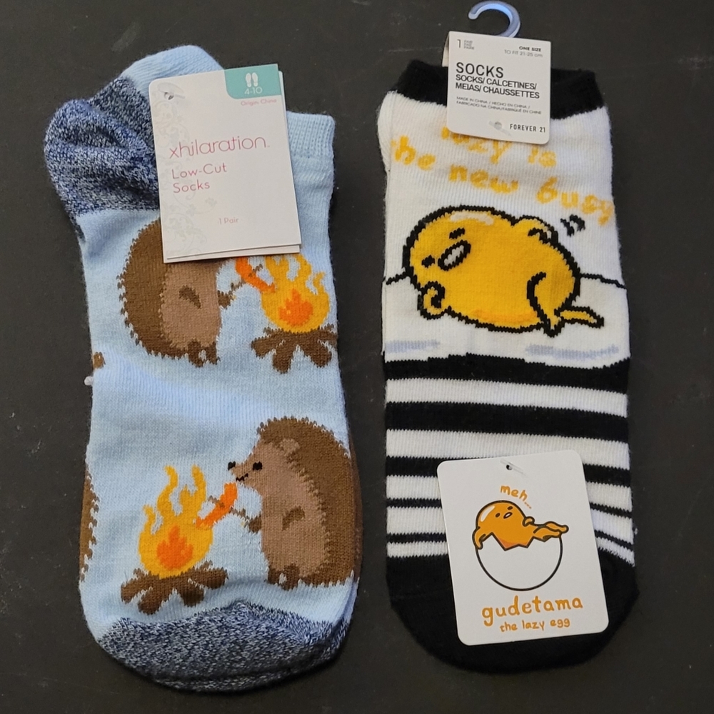 NWT Xhilaration Low Cut Campfire Hedgehog Socks & Gudetama The Lazy Egg Sock